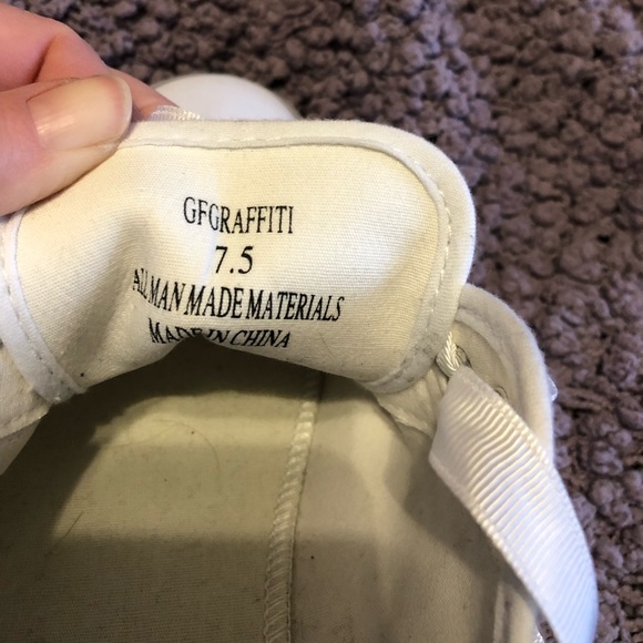 Women’s Guess sneakers.  White with grey and back writing.  7.5, worn once. - Picture 2 of 3